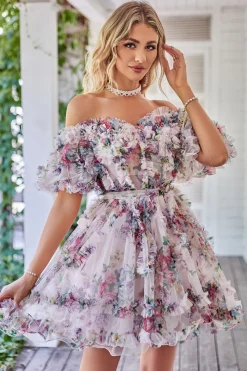 Uma linha fora do ombro marfim flor vermelha estampado bonito homecoming vestido