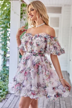 Uma linha fora do ombro marfim flor vermelha estampado bonito homecoming vestido