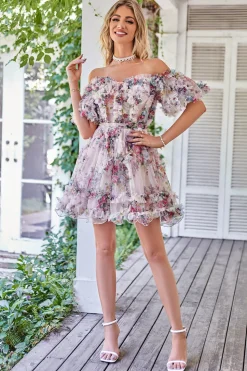 Uma linha fora do ombro marfim flor vermelha estampado bonito homecoming vestido