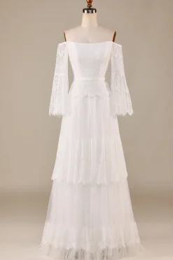 Uma linha fora do ombro marfim varredura trem flare mangas vestido de noiva
