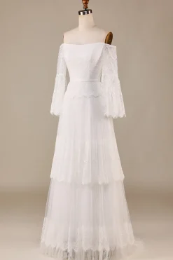 Uma linha fora do ombro marfim varredura trem flare mangas vestido de noiva