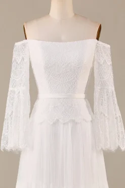 Uma linha fora do ombro marfim varredura trem flare mangas vestido de noiva