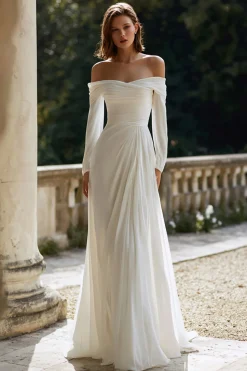 Uma linha fora do ombro marfim Ruched vestido de noiva