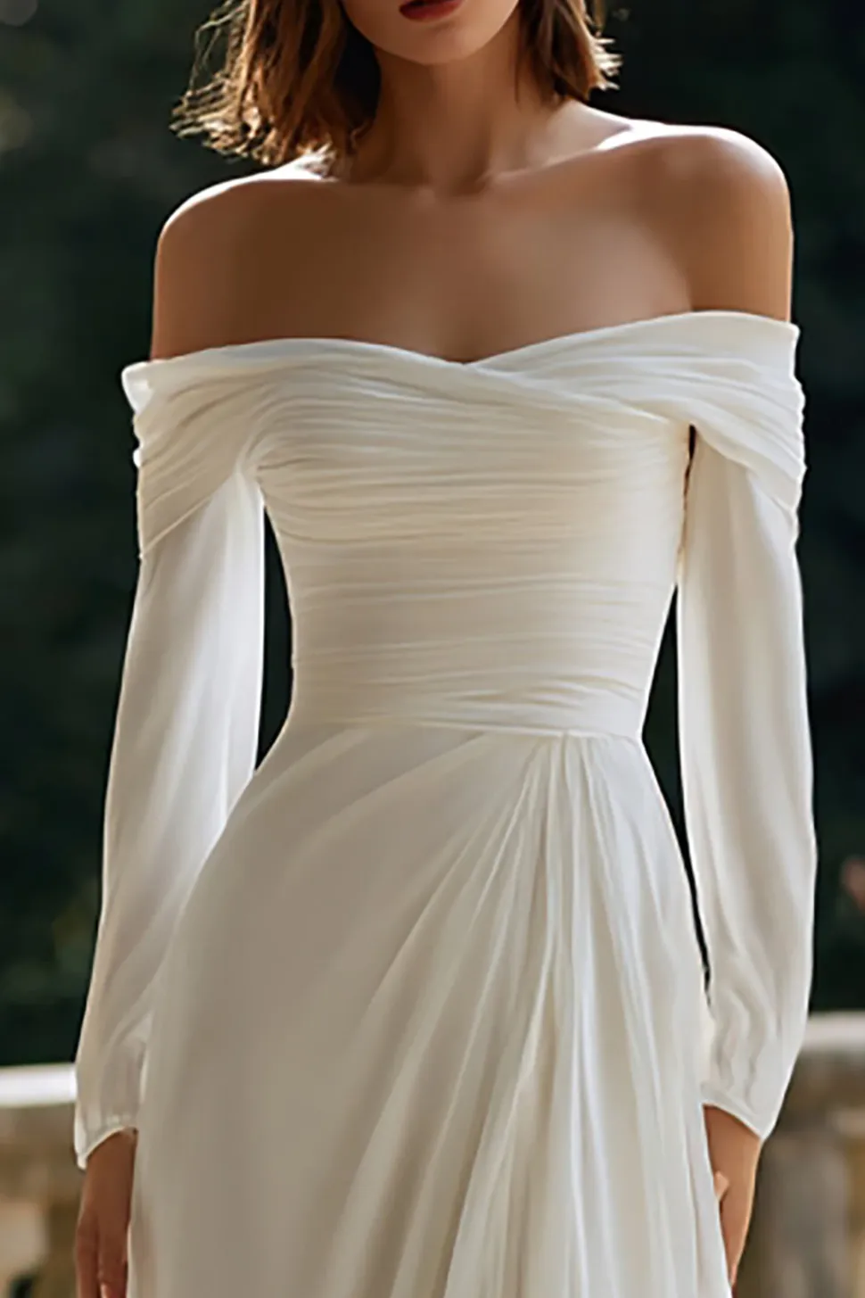 Uma linha fora do ombro marfim Ruched vestido de noiva