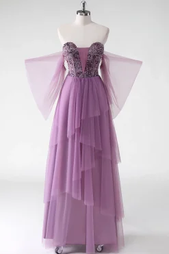 Uma linha fora do ombro roxo Sequins vestido de casamento convidado