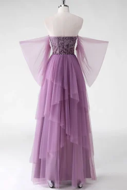 Uma linha fora do ombro roxo Sequins vestido de casamento convidado