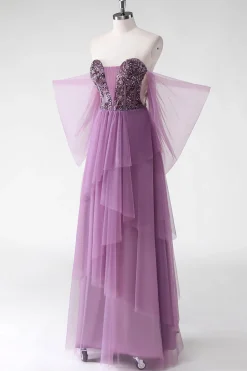Uma linha fora do ombro roxo Sequins vestido de casamento convidado