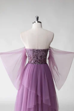 Uma linha fora do ombro roxo Sequins vestido de casamento convidado