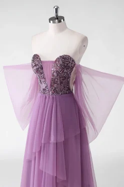 Uma linha fora do ombro roxo Sequins vestido de casamento convidado