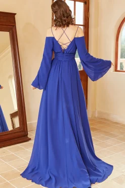 Uma linha fora do ombro vestido real do baile azul com frente dividida