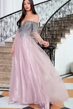 Uma linha fora do vestido de baile de ombros com missangas