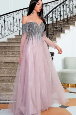 Uma linha fora do vestido de baile de ombros com missangas