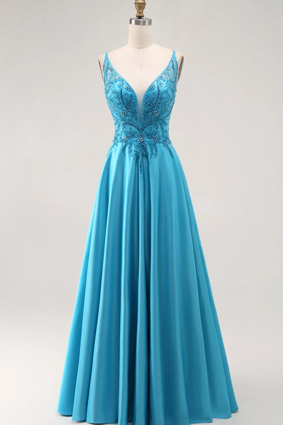 Uma linha frisada longo vestido de baile azul com apliques