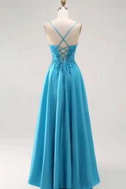 Uma linha frisada longo vestido de baile azul com apliques