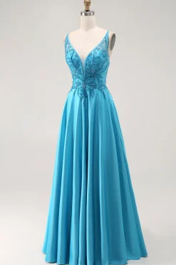 Uma linha frisada longo vestido de baile azul com apliques