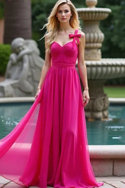 Uma linha Fuchsia correias Ruched Long Tulle Prom Dress