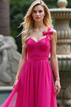 Uma linha Fuchsia correias Ruched Long Tulle Prom Dress