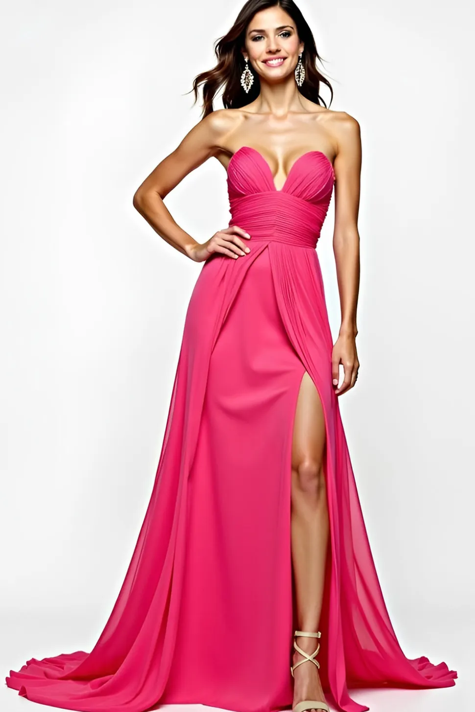 Uma linha Fuchsia Straplesss vestido de baile com fenda