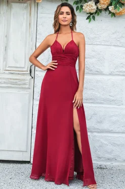 Uma linha Halter Borgonha vestido longo dama de honra com frente dividida