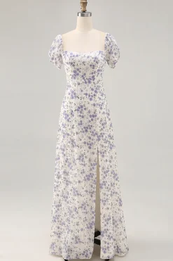Uma linha impressa flor azul longo vestido de casamento convidado com fenda