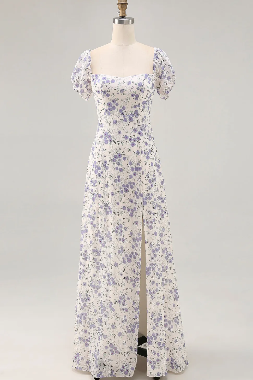 Uma linha impressa flor azul longo vestido de casamento convidado com fenda
