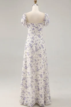 Uma linha impressa flor azul longo vestido de casamento convidado com fenda
