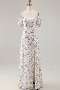 Uma linha impressa flor azul longo vestido de casamento convidado com fenda