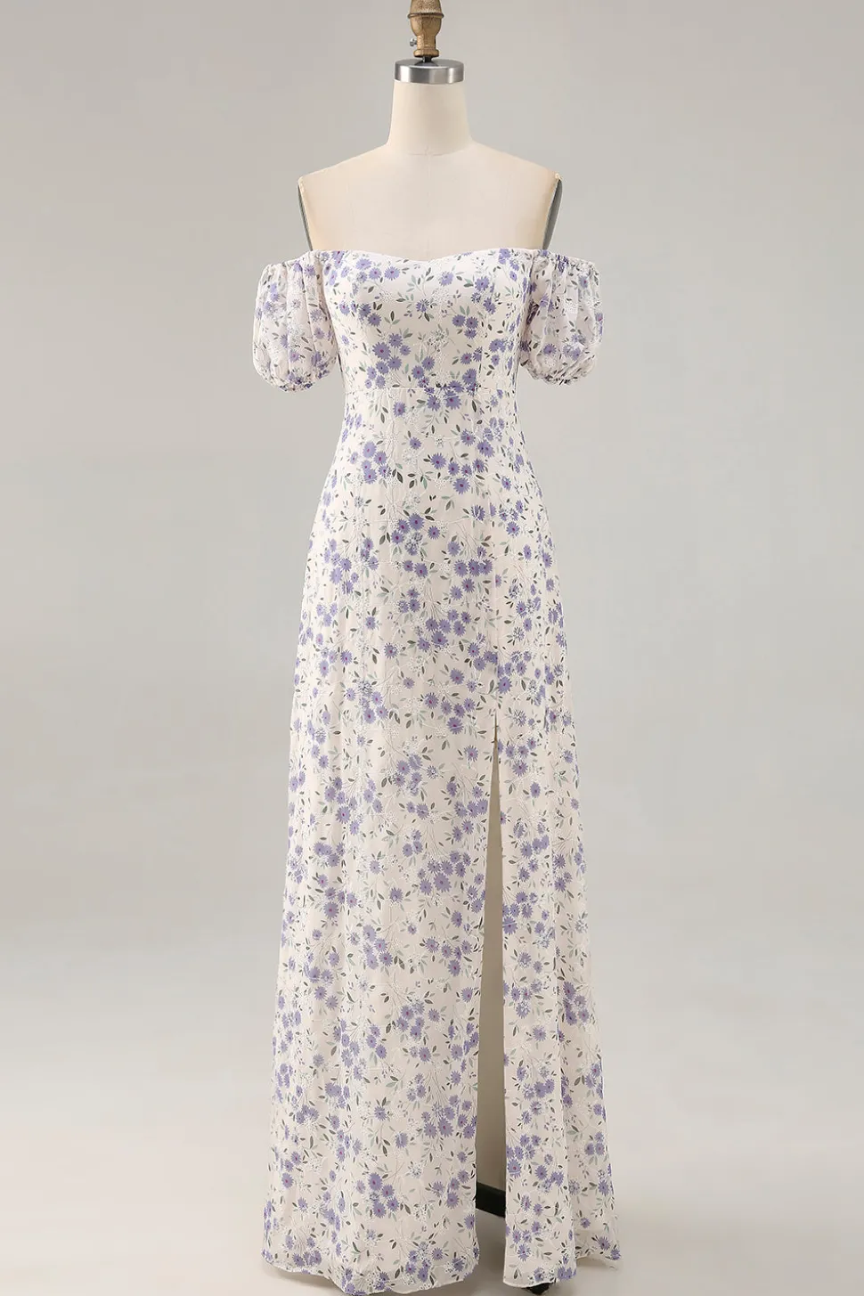 Uma linha impressa flor azul longo vestido de casamento convidado com fenda