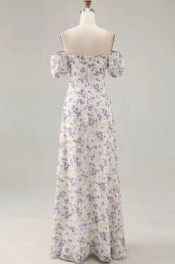 Uma linha impressa flor azul longo vestido de casamento convidado com fenda