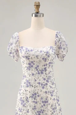 Uma linha impressa flor azul longo vestido de casamento convidado com fenda