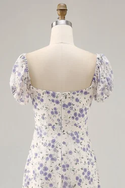 Uma linha impressa flor azul longo vestido de casamento convidado com fenda