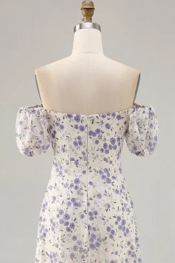 Uma linha impressa flor azul longo vestido de casamento convidado com fenda