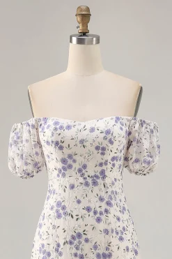 Uma linha impressa flor azul longo vestido de casamento convidado com fenda