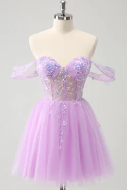 Uma linha lilás fora do ombro Sequined Homecoming Dress