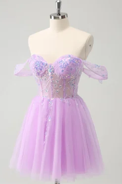 Uma linha lilás fora do ombro Sequined Homecoming Dress