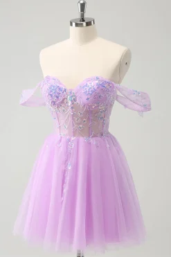 Uma linha lilás fora do ombro Sequined Homecoming Dress