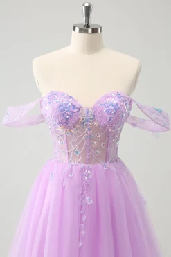 Uma linha lilás fora do ombro Sequined Homecoming Dress