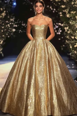 Uma linha metálica cetim dourado sem alças vestido tapete vermelho