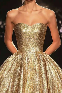 Uma linha metálica cetim dourado sem alças vestido tapete vermelho