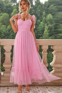 Uma linha plissada arco espaguete alças preto longo vestido de dama de honra