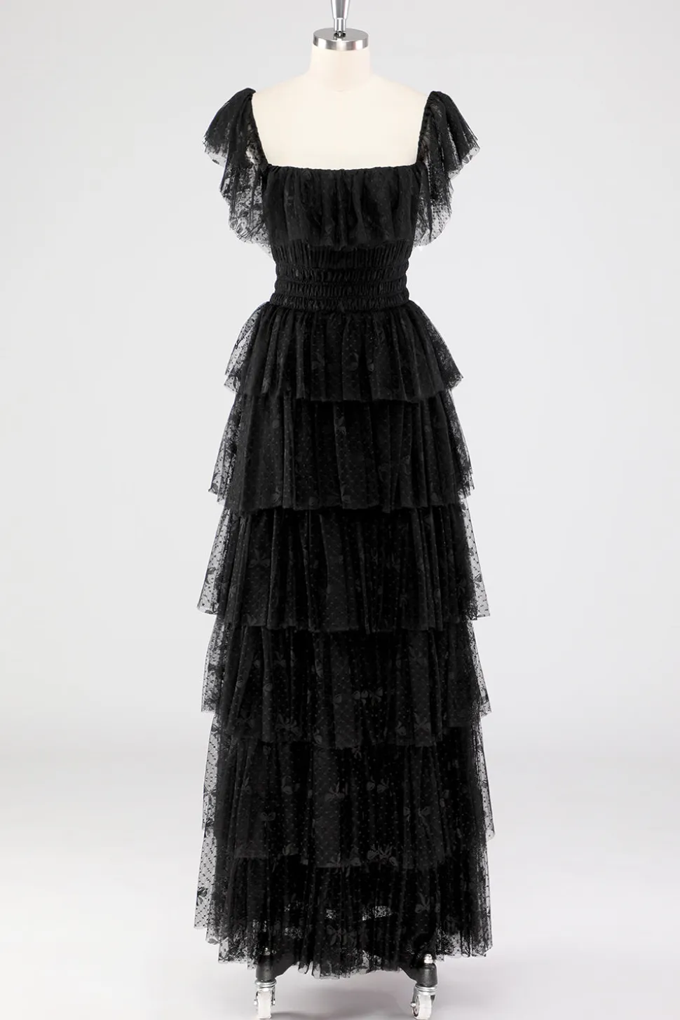 Uma linha preta pescoço quadrado vestido formal em camadas