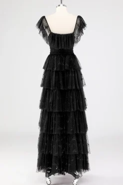 Uma linha preta pescoço quadrado vestido formal em camadas
