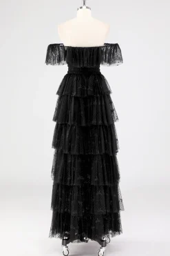 Uma linha preta pescoço quadrado vestido formal em camadas