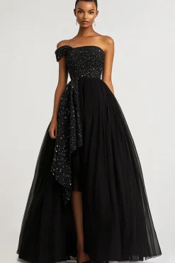 Uma linha preta um ombro tule sequins vestido formal