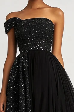 Uma linha preta um ombro tule sequins vestido formal