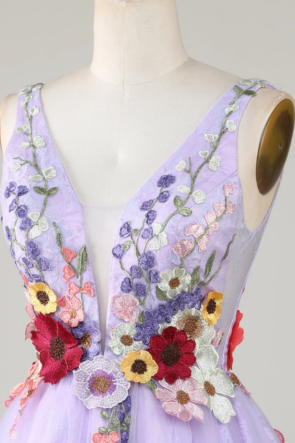 Uma linha profunda V pescoço aberto para trás roxo Homecoming vestido com flores 3D