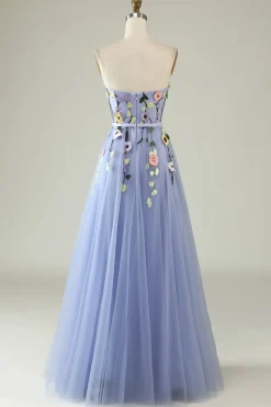Uma linha querida lavanda longo vestido de baile com apliques