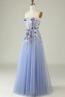 Uma linha querida lavanda longo vestido de baile com apliques