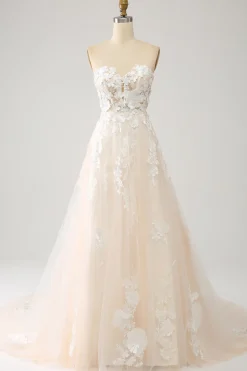Uma linha querida longo espartilho vestido de noiva com apliques