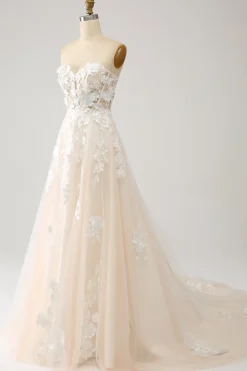 Uma linha querida longo espartilho vestido de noiva com apliques